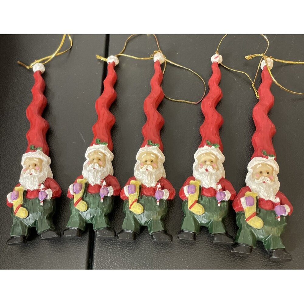 Ganz Resin Santas Christmas Ornaments Long‎ Spiral Hat Overalls Set Of 5